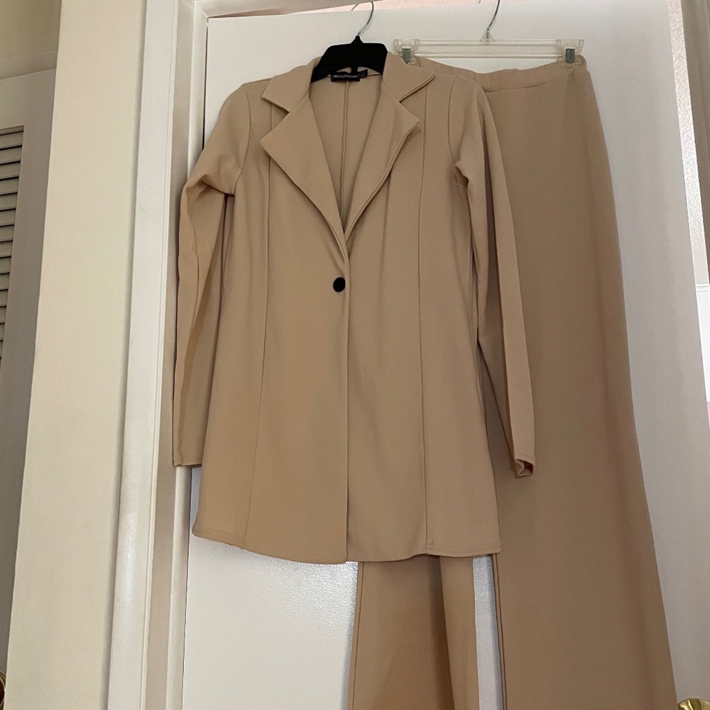 Beige oversized power suit blazer pants